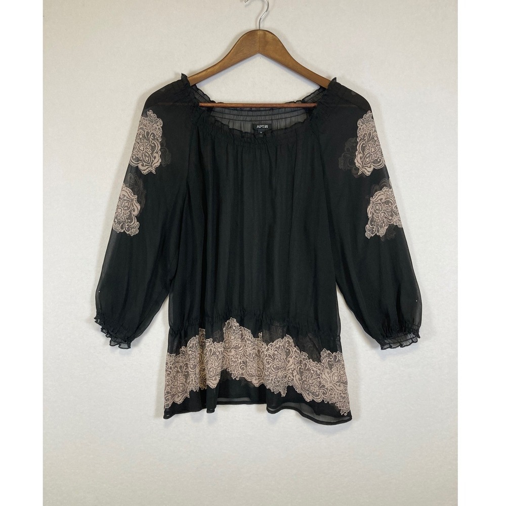 Apt 9 Blouse Womens Medium Black Tan Lace Print Boho Smocked‎ Off Shoulder Top